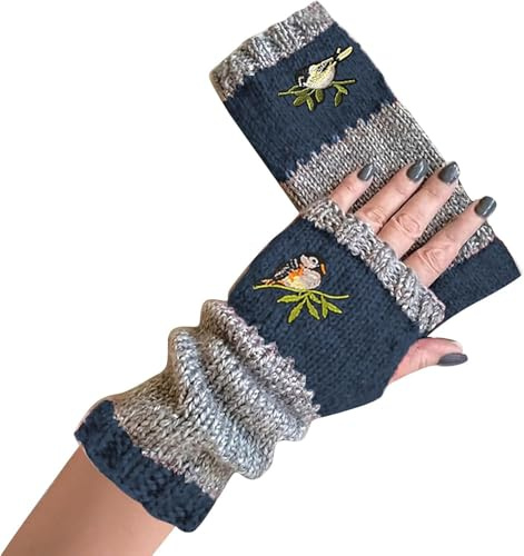 YAQUEKOU Armstulpen Damen Winter Handschuhe mit Vogelstickerei Fingerlos Strick Pulswärmer Damen Handstulpen Fäustlinge Strick Fingerlose Fäustlinge Stulpen Damen Hände Lange Handschuhe