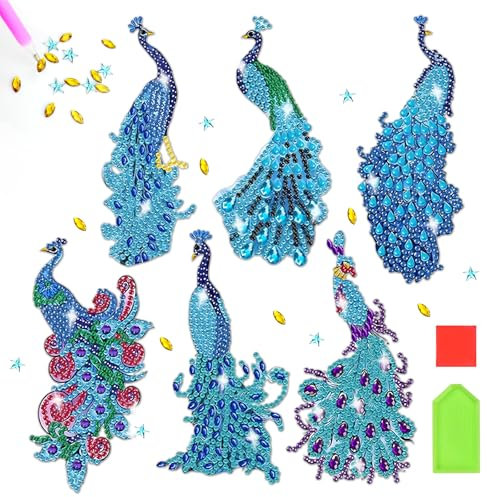 KAOTPO 6 Stück Diamond Painting Lesezeichen, 5D Pfauen-Lesezeichen Personalisiert mit Anhänger aus Kristall, DIY Diamond Painting Klein als Lesezeichen für Seitenmarkierung.
