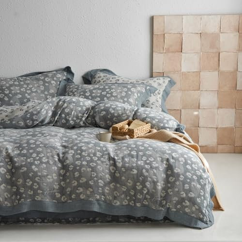 mixinni Leoparden-Bettwäsche-Set für Queen-Size-Bett, hochwertige, garngefärbte Jacquard-Baumwolle, Bettbezug mit grauem Leopardenmuster, Bauernhaus-Bettwäsche-Set mit Kanten-Design, perfekt für Sie
