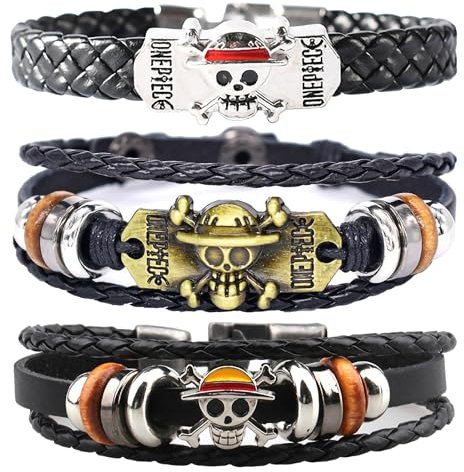 WKxinxuan One Piece Bracelet 3 Pcs Halskette Piratenarmband Anime Cosplay Schmuck Luffy Geschenk für Anime Fans Anime Ketten Halskette Armband Set für Unisex Armband mit