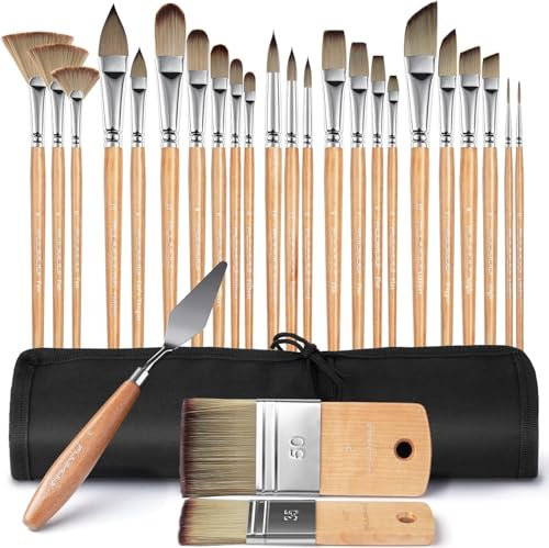 26pcs Paint Brush for Acrylic Painting, Synthetic Bristles with Palette Knife, Short Handle Wide Flat, Filbert, Fan, Dagger, Round, Angle, Rigger Paint Brushes for Acrylic, Oil, Watercolour, Gouache