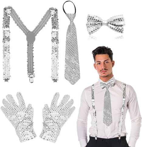 TUONYIS 4 Stück Glitzer Outfit Herren, Glitzer Kostüm Accessoires Herre Set mit Glitzer Fliege Hosenträger Krawatte Handschuhe für Mardi Gras Karneval Hip-Hop Dance Mottoparty (Silber)
