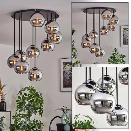 HOFSTEIN Deckenleuchte Koyoto, 9-flammige Deckenlampe aus Metall/Glas in Schwarz/Chrom/Rauch, moderne Leuchte im Retro/Vintage-Design (Schirme Ø 15 cm), E14, Esszimmer, Wohnzimmer, Schlafzimmer, Küche