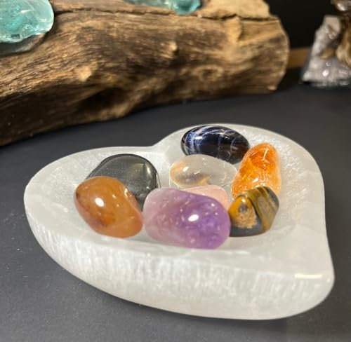 Atlantic Sun, Natural Chakra Crystals Gift Set, Pure Heart Selenite Bowl, 7 Chakra Crystals, Bonus Tiger's Eye Gemstone, Crystal Healing, Spiritual & Reiki, Energy Cleansing, Meditation Plus Gift