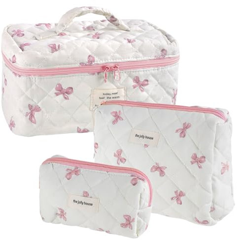 Mulaibdin 3 Pezzi Beauty Case da Viaggio Donna, Porta Trucchi da Borsa Elegante, Makeup Bag Organizer in Cotone, Carino e Portatile Borse da Toilette per Ragazze Regalo (Rosa Fiocco)