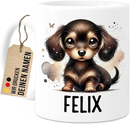 Tassenliebling® Dackel Tasse personalisiert - Kindertasse mit Namen - Tiere Geschenke - Tasse mit Namen Kind - Personalisierte Geschenke Kinder - Kinderbecher aus Keramik 330ml