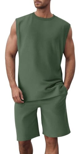 Trainingsanzug Herren Jogginganzug Sommer Sommerstrickweste mit ärmelloser Weste und Shorts, Sportanzug, lässiges, dünnes Oberteil, einfarbige Weste, zweiteiliges Set Lampe Weste (Army Green, XXL)