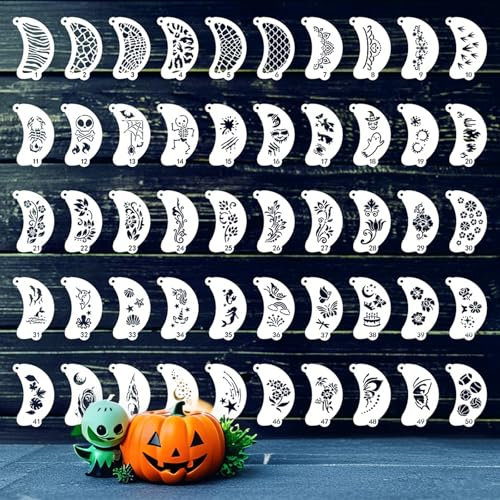 50 Stück Schmink- und Tattoo-Schablonen für Kinder & Erwachsene – Wiederverwendbare Gesichtsschablonen für Halloween, Party, Karneval und kreative Körperkunst