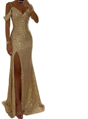 Robe longue à paillettes dos nu pour femme, robe de soirée longue à encolure en V sans manches pour fête, mariage (S doré)