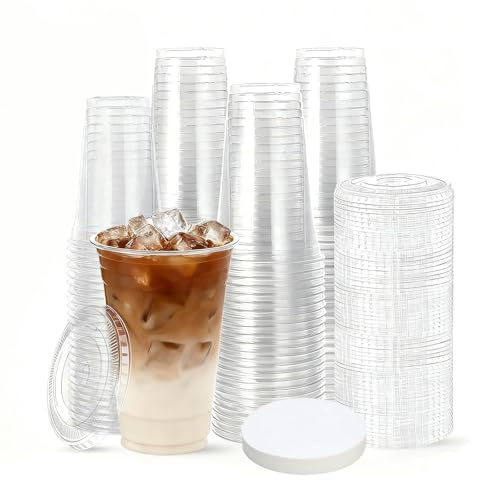 NBOUOU 16 oz Recyclable Iced Coffee Cups with Lids and Straws, Reusable Clear Cups with Leak Proof Paper, Ideal for Cold Beverages,Parties, Camping, Suitable for Most Car Brackets Pack 50