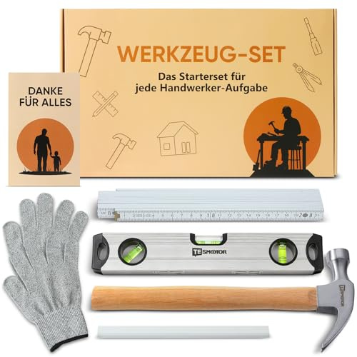 Geschenk Set - Hammer + Zollstock + Wasserwaage + Handschuhe+ Bleistift - Handwerker Bauherr Vatertag Papa Opa Mann Heimwerker DIY Weihnachten Geschenkset Männer