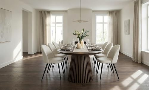 ebuy24 Esstisch oval ausziehbar - Essgruppe Tokyo 7-teilig für 6 Personen Smoked 120x120-160/200 cm Tisch mit 6 beigen Samt Stühlen Esszimmergruppe Speisegruppe Wohnküche Esszimmermöbel Essplatzmöbel