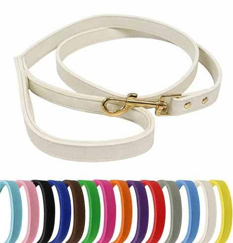 Vibrant Genuine Leather Dog Lead with Soft Neoprene Padded Handle & Metal 360° Swivel Clasp 120cm Leash (White, Small (1.5cm Wide))