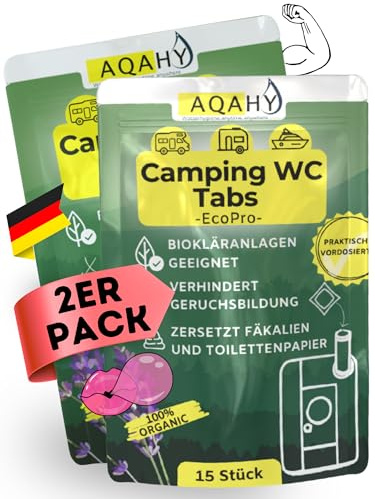 AQAHY Bio Camping Toiletten Zusatz – 30 Tabs ohne Chemie | Campingtoilette Chemie Alternative Made in DE für Chemietoilette | Entfernt Gerüche effektiv als Ersatz für Sanitärflüssigkeit