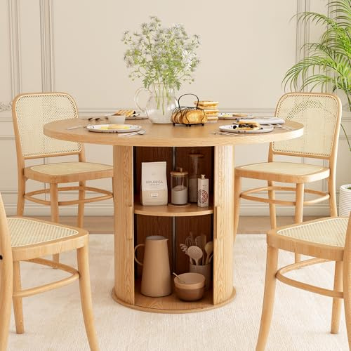 Wumagin Esstisch Rund 110 cm mit 2-lagigem Stauraum, Küchentisch mit stabilem Metallgestell, Runde Moderne Esstische für 2–4 Personen für Esszimmer, Küche, Homeoffice (Helle Eichenfarbe)