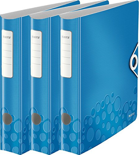 Leitz Aktenordner, A4, elastischer Verschluss, leichter Polyschaum, WOW Reihe, blaumetallic, 3er Ordner | schmal