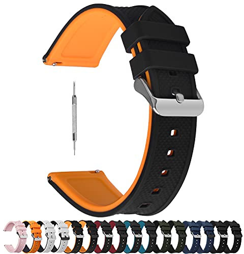 Fullmosa 8 Farben Uhrenarmband 20mm Silikon Ersatzarmband mit Edelstahlschnalle für Smartwatch, Silikon armband 20mm Schwarz Oben/Kürbisorang Unter+Silberne Schnalle