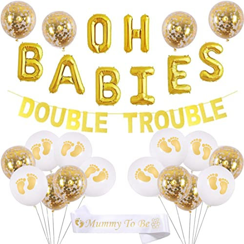 JOYMEMO Zwillinge Babyparty Dekorationen Set Gold Thema Banner, OH Babys Luftballons, Mumie Schärpe für Babys Partyzubehör