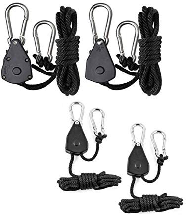 ULTECHNOVO 4Pcs Adjustable Ratchet Ropes 1/8 inch Heavy Duty Grow Light Rope Clip Hanger Ratchet with Hook Hanging Kit for Grow Tent Gardening LED Grow Lights
