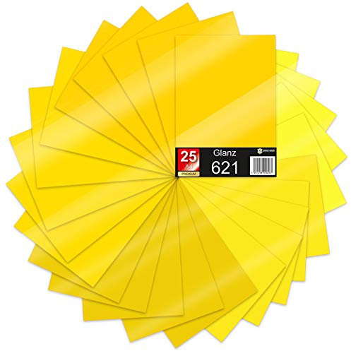 25 x Din A4 Bögen Plotterfolie 621/631 Selbstklebende Folie im Set Vinyl zum Plotten DIY Bastelfolie Sticker Beschriftung Aufkleber 29,7x21cm (Gelbtöne glanz, 25er Set)