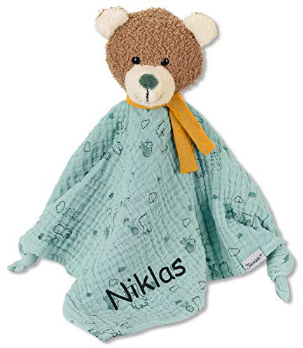 Sterntaler Kuscheltuch/Schmusetuch Bestickt mit Namen, Serie Bär Ben in Türkis Braun, Schnuffeltuch für Baby & Kinder personalisiert