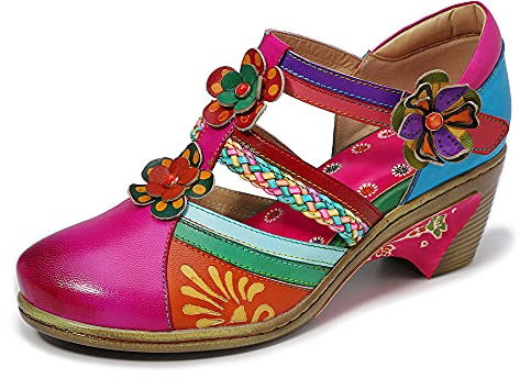 CrazycatZ Damen Leder Mary Jane Halbschuhe Blockabsatz Bunte Schuhe Jahrgang Halbschuhe (Hot Pink, Numeric_39)