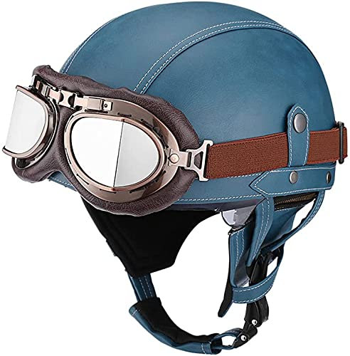 Casco Moto Retrò, Caschi Omologati ECE Con Visiera UV Occhiali Casco Moto Casco Mezzo In Pelle Stile Vintage Per Scooter Bici Cruiser Chopper G,L