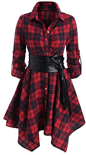 FEOYA Blusenkleid Kariert Damen Übergangskleid Kariert Langarm Hemdkleid mit Gürtel Damen Rot L