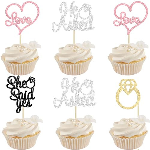 Gyufise 24 Pack Multicolor Glitter He Asked She Said Yes Cupcake Toppers Diamond Ring Heart Cake Picks for Wedding Engagement Party Table Decorations