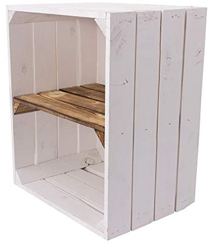 Truhenking Neue weiße Holzkiste mit geflammten Mittelbrett quer 50cm x 40cm x 30cm Obstkiste Schuhregal Regal Hausflur (5)