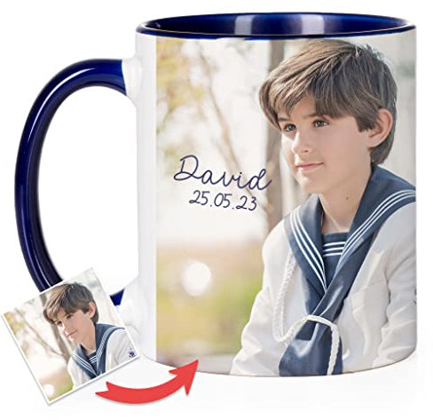 Wanapix | Taza Personalizada con Foto y Texto | Capacidad de 325ml | Taza de Cerámica con Diseño Único | Regalo para Amigos y Familiares | Apta para Microondas | Interior y Asa Color Azul Oscuro
