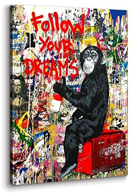 KAWAHONE Banksy Street Graffiti Monkey Inspirierende Zitate, Follow Your Dreams Monkey Gorilla Tierdrucke für Wohnzimmer Schlafzimmer (Graffiti-Affe, 30,5 cm B x 45,7 cm H mit Rahmen)
