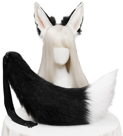 Serre-tête en fausse fourrure avec oreilles de loup et queue de renard - Costume Anubis - Rose - Oreille 1 + queue