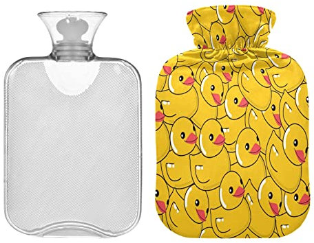 Wärmflasche mit gelbem Enten-Muster, 1 l, niedliches Tier, Winter, Wärmflasche, weicher Plüschbezug, Handfüße, Wärmer für Kinder, Männer und Frauen