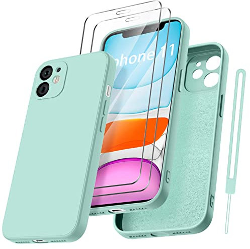 Qasyfanc Funda Compatible con iPhone 11, 2 Pack Cristal Templado y Protección de Cámara, Ultrafina Microfibra Suave TPU Silicona Anti-arañazos Carcas para iPhone 11 6.1 - Verde Menta