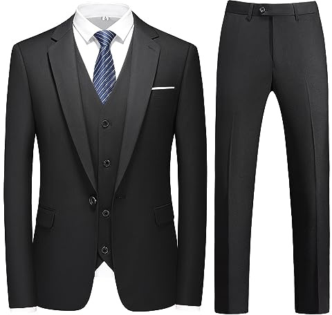 KUDMOL Mens 3 Pieces Suit Business One Button Tuxedo Suit for Men Tuxedo Classic Blazer Waistcoat Trousers Set Black