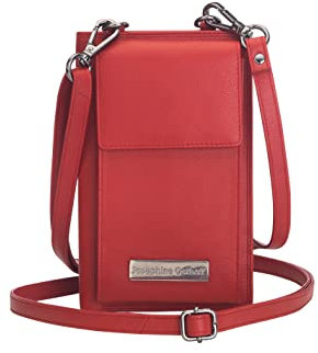 Josephine Osthoff Handy Umhängetasche mit Geldbörse, handgemacht aus 100% Echtleder, Clutch für Damen, RFID Schutz, Crossbody Schultergurt, 12 Kartenfächer, Farbe:Kirsche