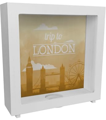Rahmen Spardose aus Holz mit schönem Motiv und Text - Trip to London in gelb Rahmen Spardose aus Holz für den nächsten Städtetrip nach London als Geschenk für Menschen die gerne