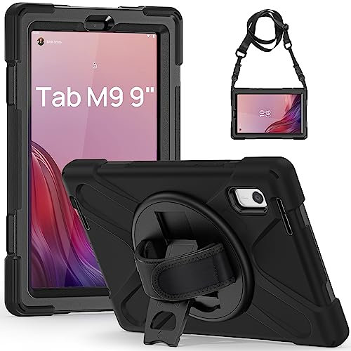 Gerutek Funda Anticaída para Lenovo Tab M9 HD 2023, 9 Pulgadas, TB-310FU, Carcasa Rugosa con Soporte 360° Giratorio, Correa de Mano/Hombro, Funda Antichoque para Lenovo Tab M9 2023 9, TB-310FU, Negro