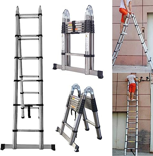 A Frame Portable Folding Telescopic Extension Loft Ladder, 3.8M (1.9M+1.9M) Multi Purpose Combination Step Ladder, Stainless Steel