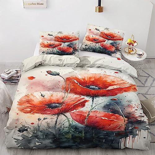 Bettbezug Set 135x200cm Mohnblumen Bettwäsche Set Rote Aquarellmohnblumen Kinder 3 Teilig Mikrofaser Wendebettwäsche Bettdeckenbezug Mit Reißverschluss und 2 Kissenbezug 80x80cm