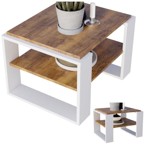 CraftPAK Wohnzimmer Tisch für Couch aus hochwertigem Holzwerkstoff, Stabiler & moderner Couchtisch mit zusätzlicher Ablagefläche, Model Kaja, Farbe Retro-Weiß