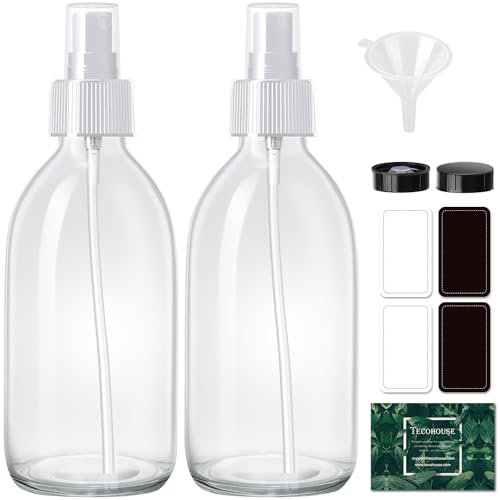 Tecohouse Glass Spray Bottles, Small Glass Bottles for Cleaning Solutions, Spray Bottles for Essential Oils, Plants, with Durable Nozzle, Labels, Funnel, Pipettes