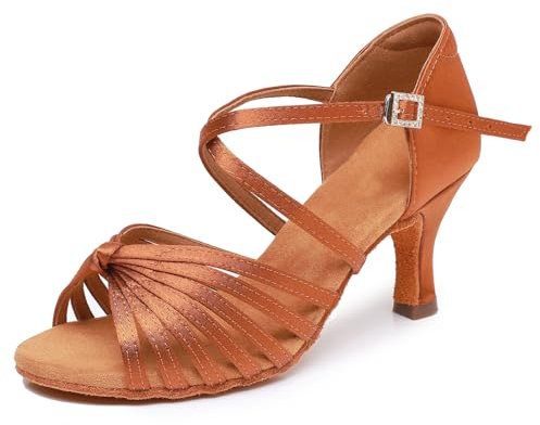 Rosefinch Scarpe da Ballo Latino per Le Donne Salsa Scarpe da Ballo Performance Professionale Pratica Scarpe da Ballo Tacco 7cm 39EU Marrone