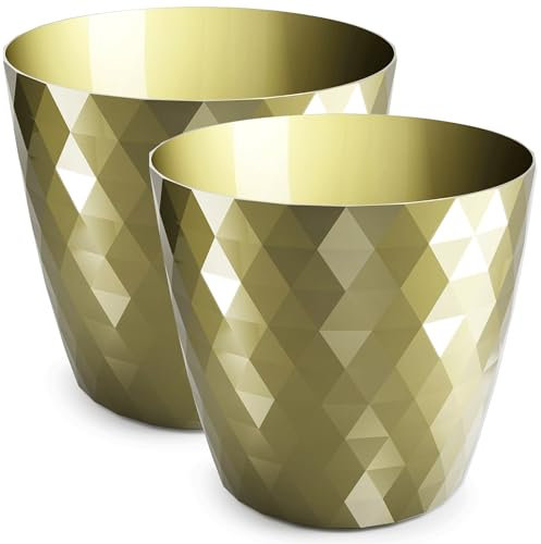 PECZEKO Pot de Fleurs Brillant, Pot de Fleurs en Plastique, Pot de Fleurs décoratif pour Grandes et Petites Fleurs, Lot de 2 Pots de Fleurs, Pots de Fleurs, Pots à Herbes, (Lot de 2) Or, ø 18 cm