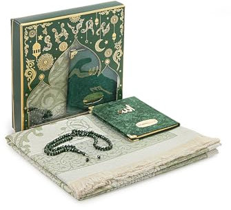 ihvan online Gebetsgeschenk Set für Männer und Frauen, Muslimischer TAFT Gebetsteppich, Yaseen Buch, Salah Matte, Perlen Rosenkranz, Islamisches Geschenk für Ramadan & Eid & Mitgift, Grün