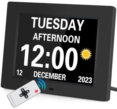 Adiwo Reloj de Demencia, 8 LCD Reloj Digital Calendario,Atenuación Automática Hora Electrónico Alarma, Reloj Alzheimer con Mando a Distancia para Personas Mayores para el Hogar para el Hospital