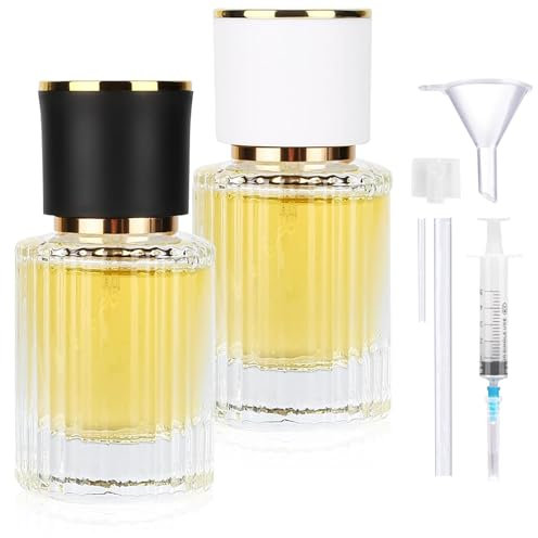 XUSSMM 2 Stücke Parfümzerstäuber Nachfüllbar, 30ml Runde Parfümflasche, Parfum Zerstäuber für Unterwegs, Portable Sprühflasche mit Praktischem Zubehör für Parfüm, Reisen, Kosmetik (30ml)