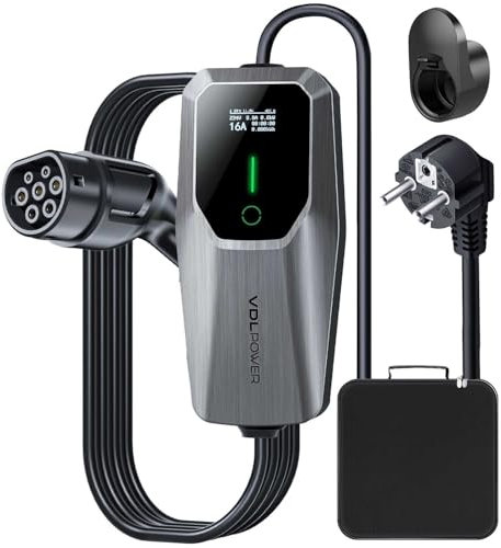 VDLPOWEREU EV Chargeur Type 2, Chargeur Voiture Electrique 16A, 3.6KW / 5M Cable Recharge Véhicule Electrique, Monophasé EU Schuko, IP65 (IEC 62196-2), Compatible avec MG4, Peugeot, Tesla, e-208
