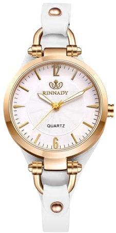 JewelryWe Uhren Damen Leder Klein: Weiß Vintage Klassische Analog Quarz Armbanduhr Frauen Geschäft Lässige Uhr Damenuhr mit Punk Schmal Dünnem Leder Armband